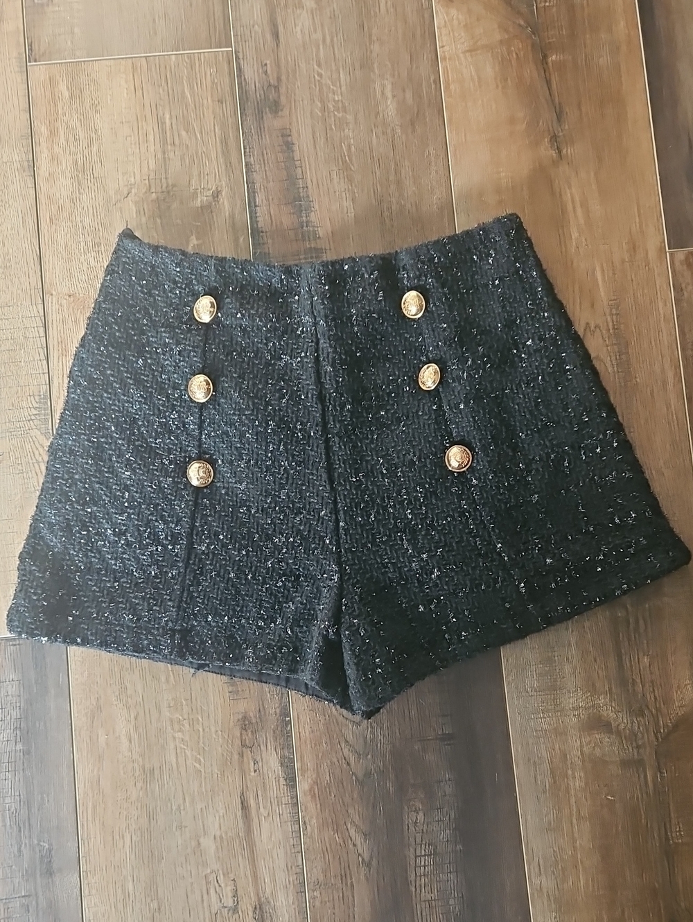 High-Waist Black Tweed Button Front Women's Shorts